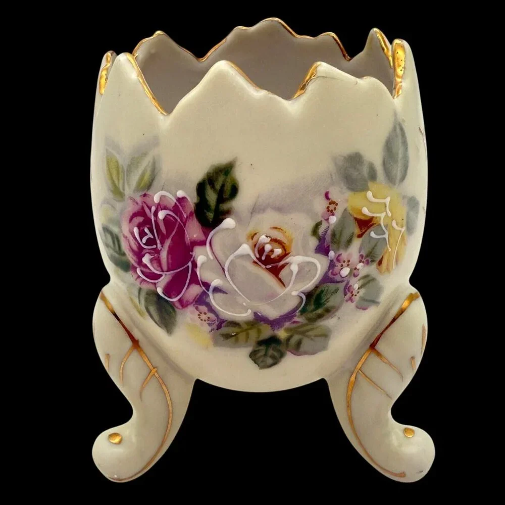 INARCO Broken Egg Planter Footed Vase Vtg 60s Hand Painted Roses Easter Spring